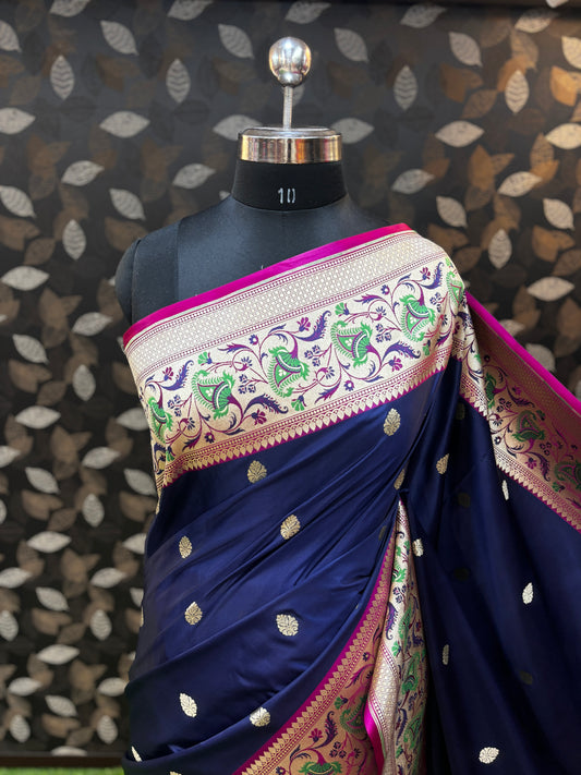 Blue Pink Paithani Border Semi Katan Silk