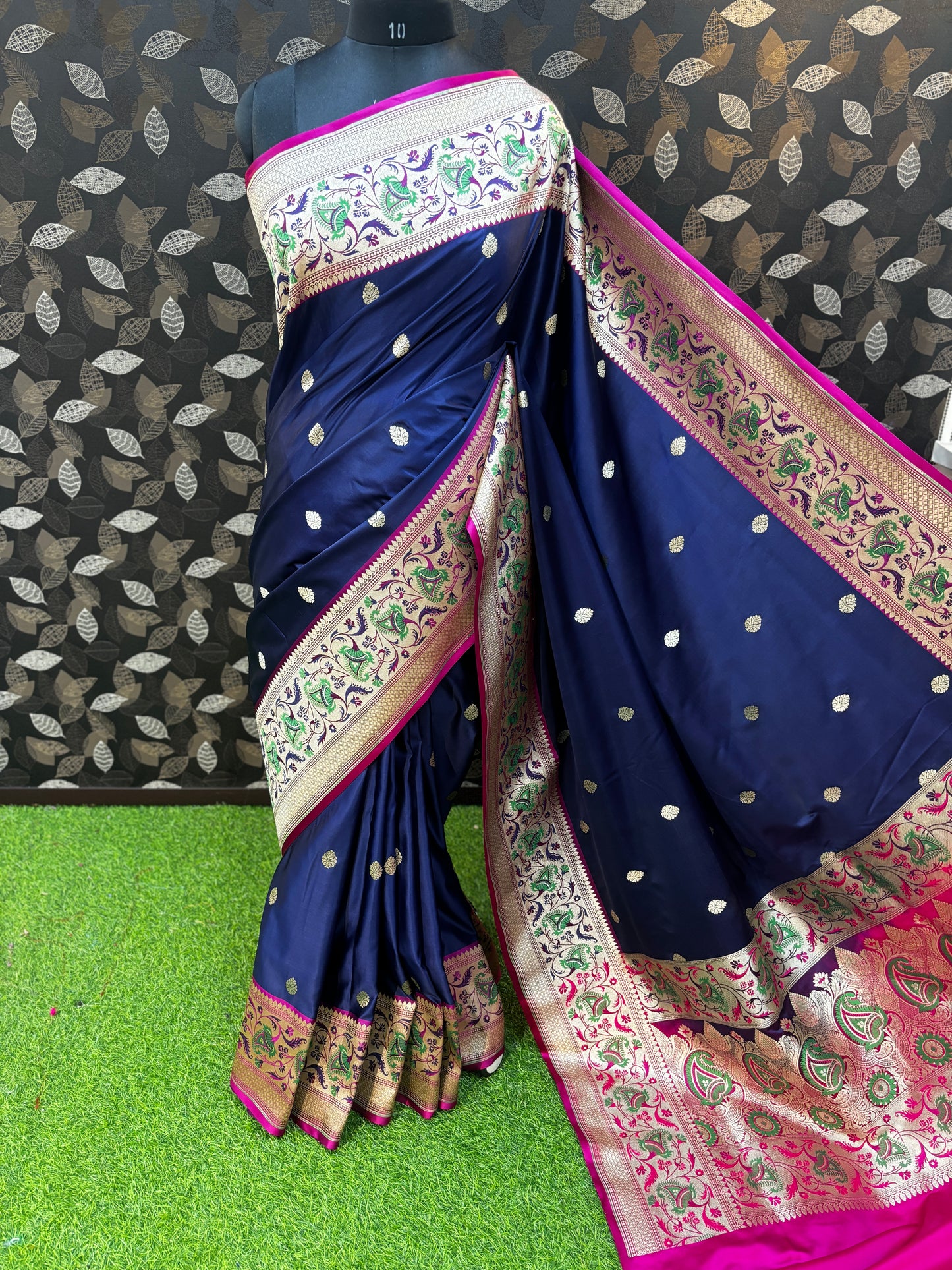 Blue Pink Paithani Border Semi Katan Silk