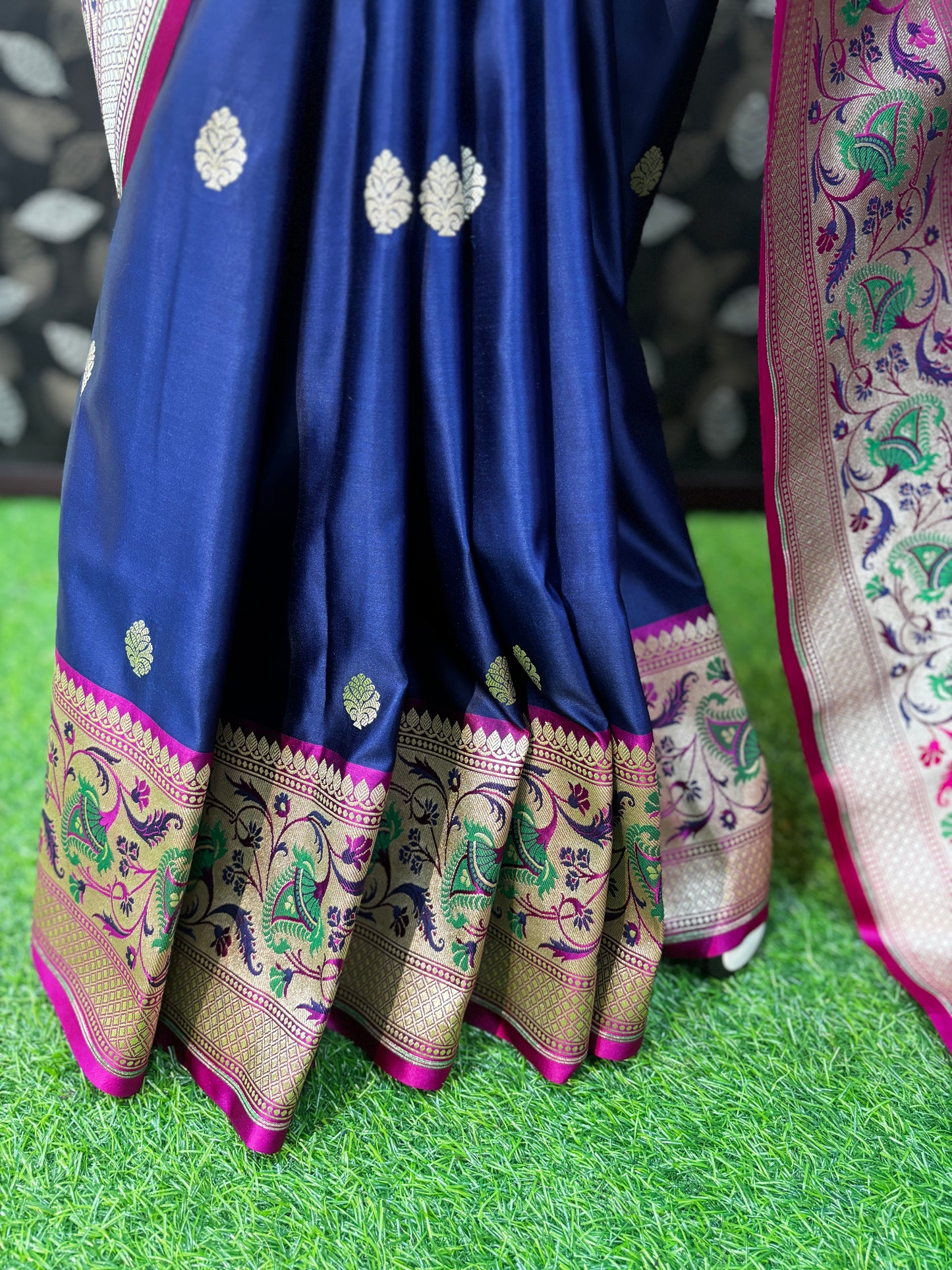 Blue Pink Paithani Border Semi Katan Silk