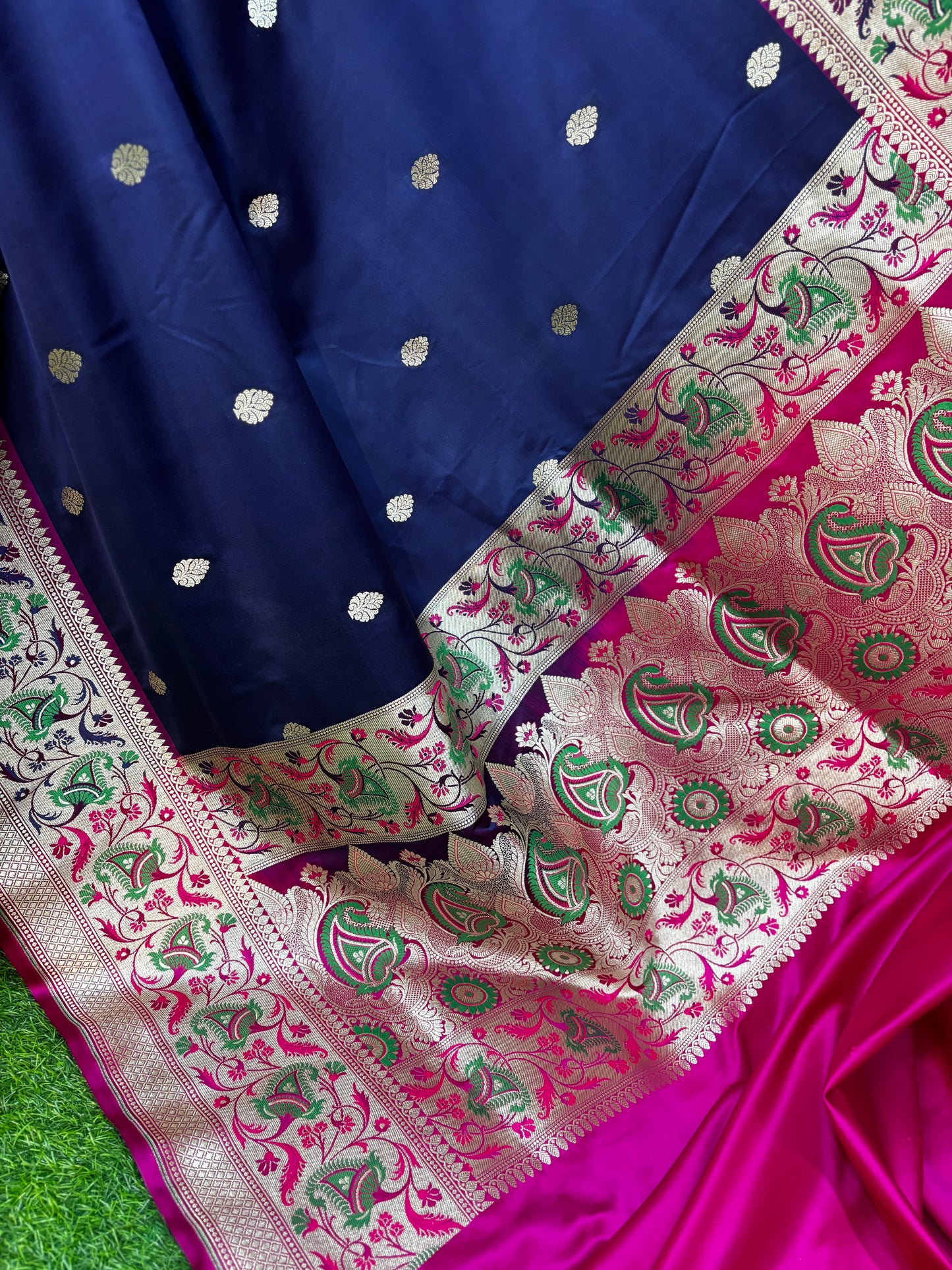 Blue Pink Paithani Border Semi Katan Silk