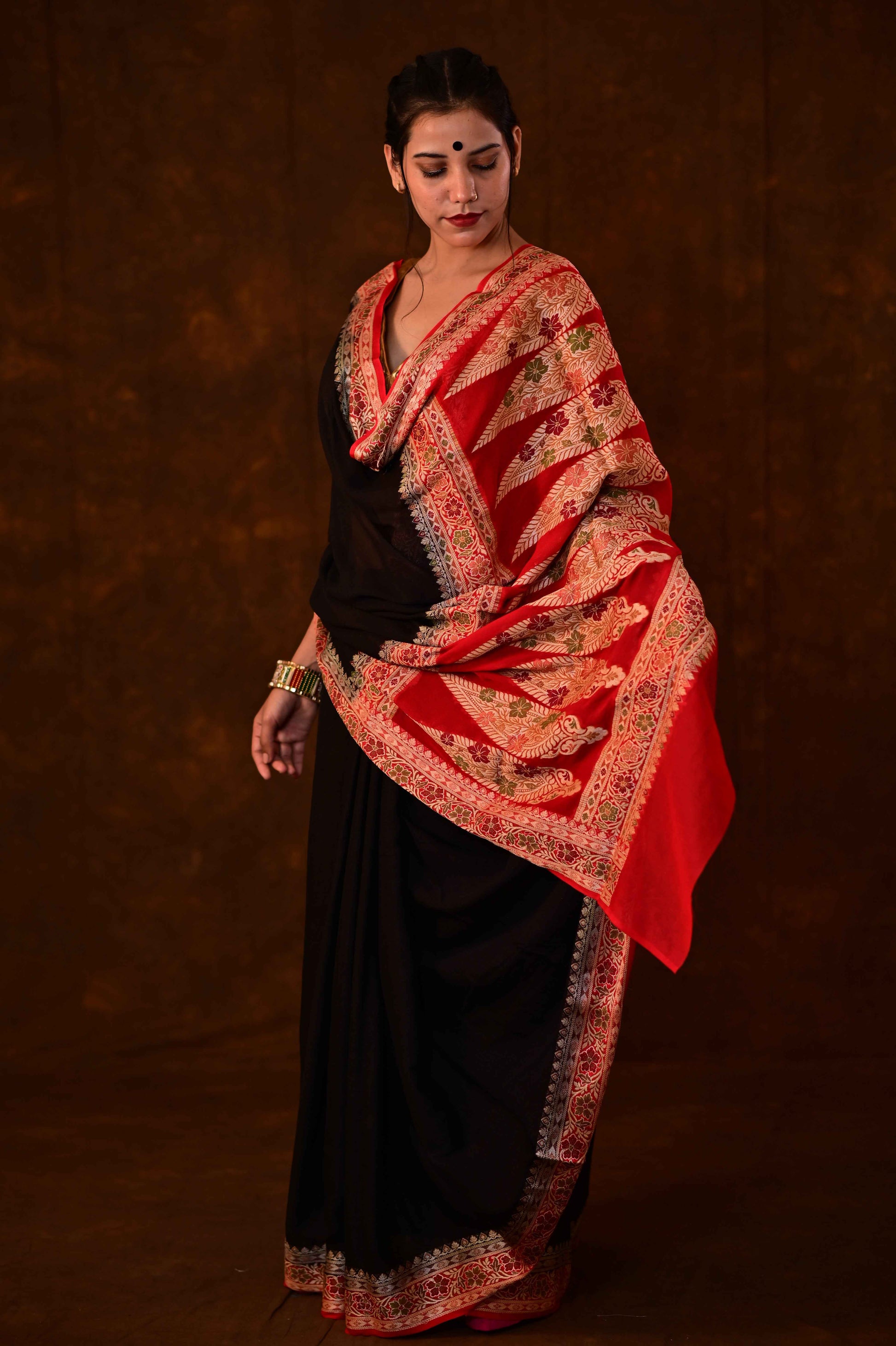 Black and red chiffon Banarasi handloom saree drape with detailed patterned pallu