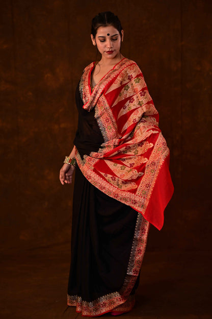 Black and red chiffon Banarasi handloom saree drape with detailed patterned pallu