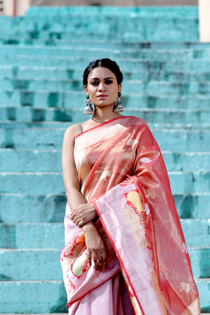 Lavender Pure Katan Tissue Banaras Hndloom Saree - Rungkaat