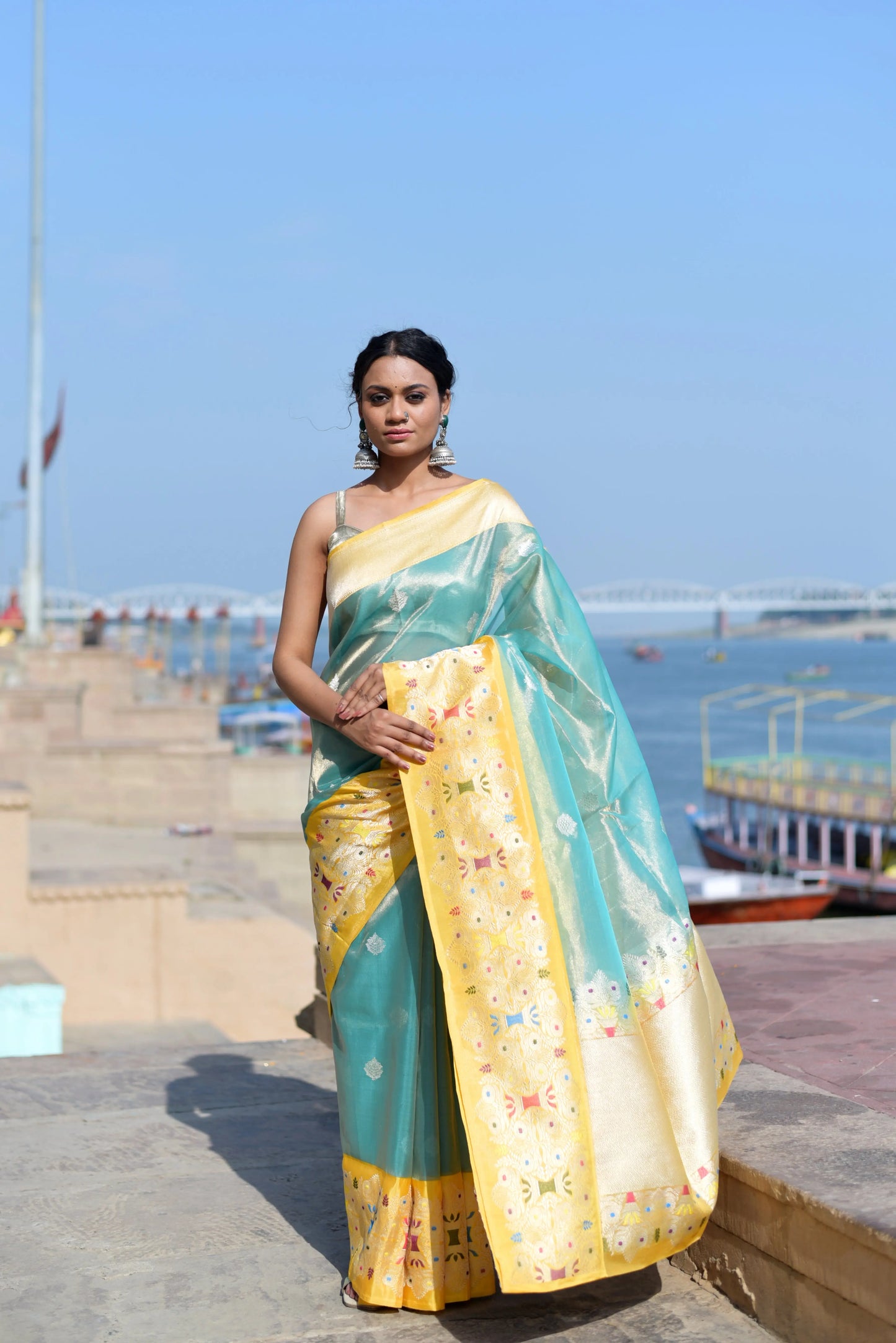 Light Blue & Yellow Pure Katan Katan Tissue Banaras Handwoven Saree - Rungkaat
