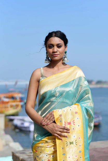 Light Blue & Yellow Pure Katan Katan Tissue Banaras Handwoven Saree - Rungkaat