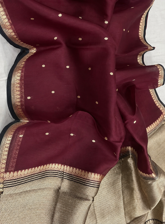 Maheroon Pure Kora Silk Kadhuwa Banarasi Handloom Saree 
