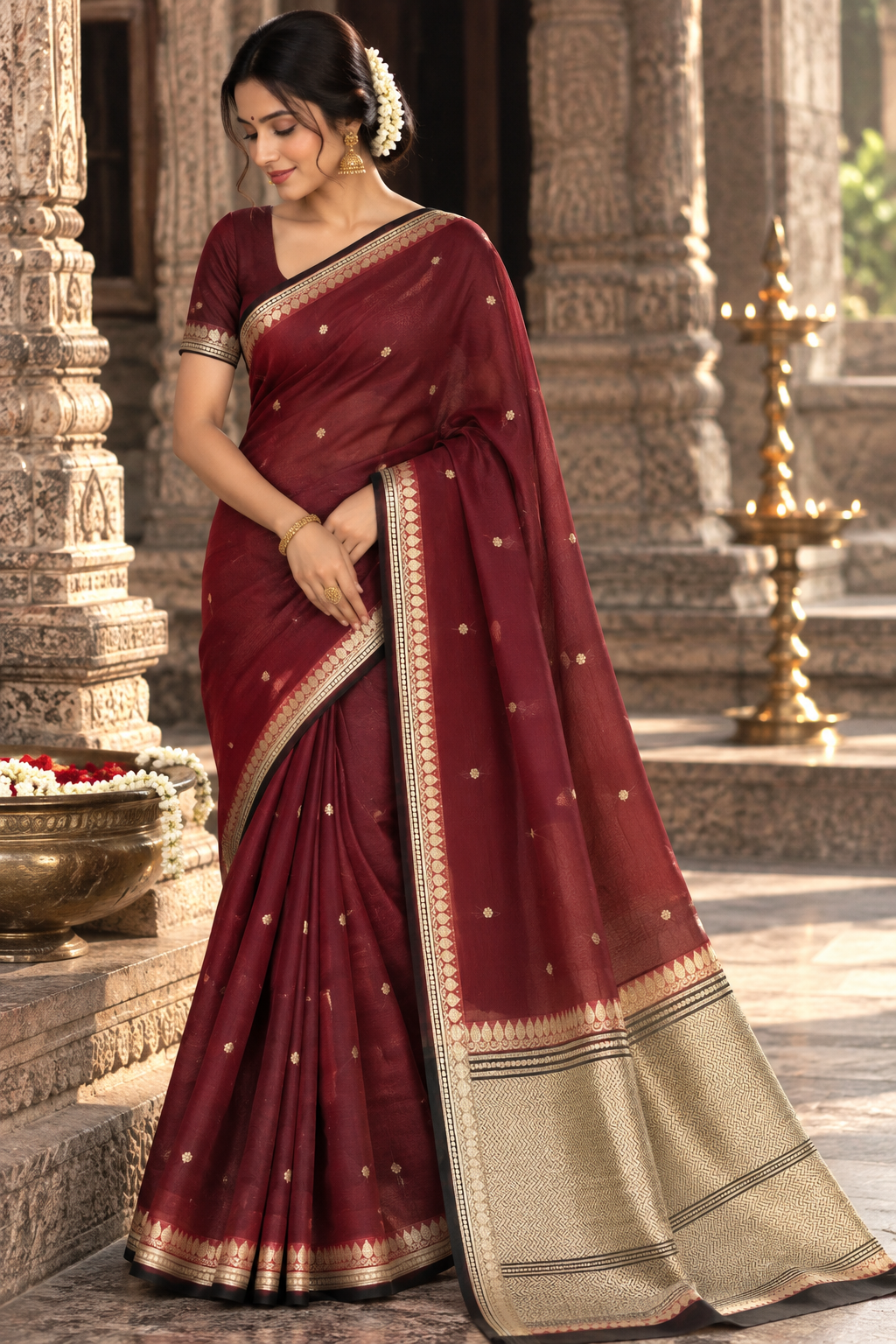 Maheroon Pure Kora Silk Kadhuwa Banarasi Handloom Saree 