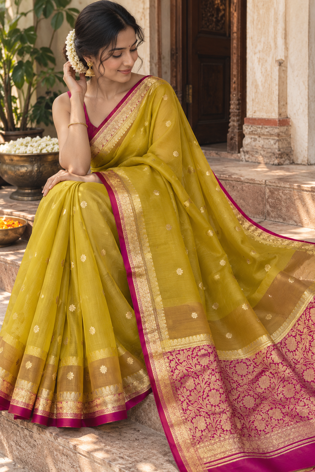 Green silk saree with gold border, magenta pallu and scattered small buti motifs