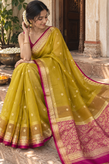 Green silk saree with gold border, magenta pallu and scattered small buti motifs