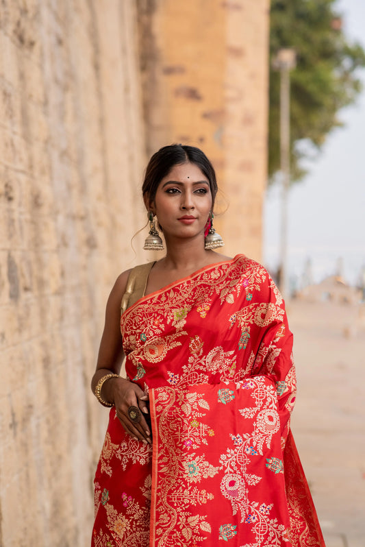 Pure Katan Kadhwa Meenakari Jangla Alfi Banaras Handloom Saree - Rungkaat