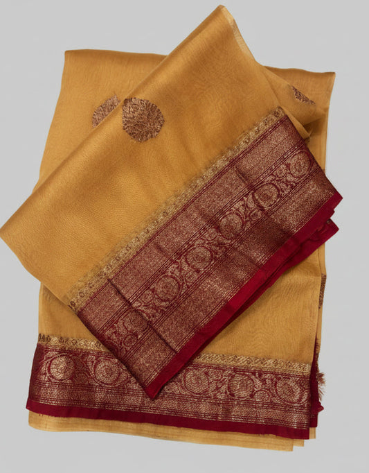 Cream White marhoon Border Pure Kora Antique Zari Banarasi Handloom Saree