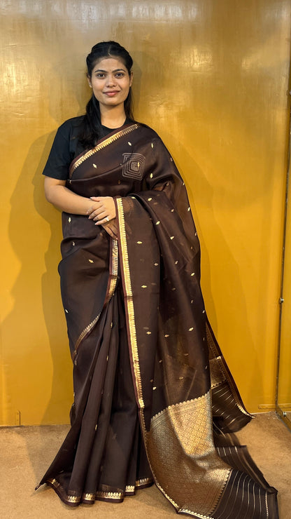 Dark brown Banarasi handloom saree with gold border and striped pallu