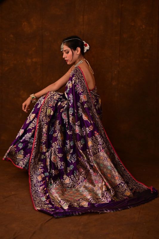 Purple Pure Katan Jangla Menakari Tilfei Banarasi Handloom Saree - Rungkaat