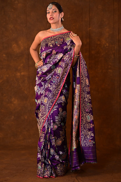Purple Pure Katan Jangla Menakari Tilfei Banarasi Handloom Saree - Rungkaat