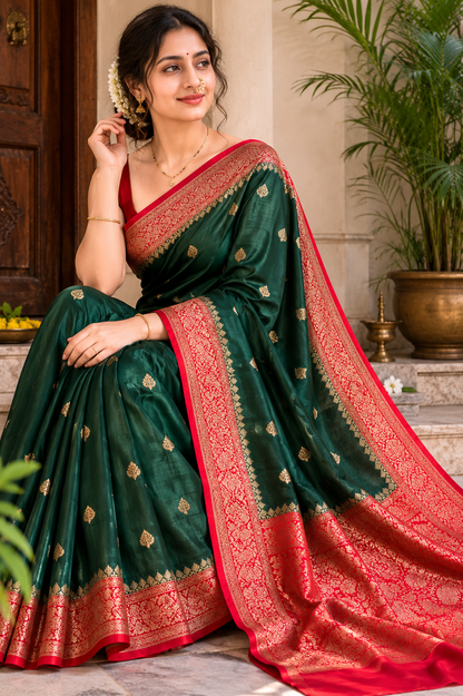 Green saree with red zari border and gold motif pattern