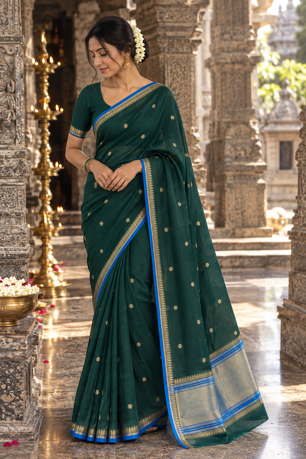 Green Banarasi-style saree with gold motifs, blue border, and silver pallu