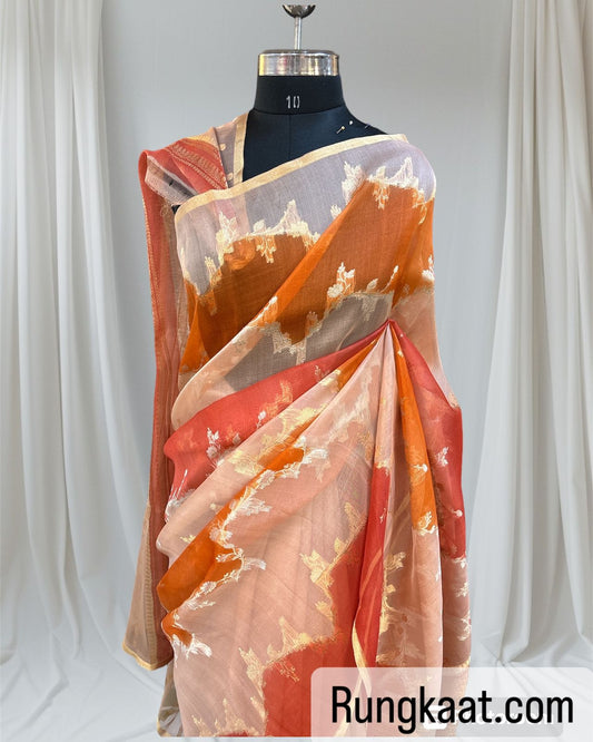 Peach Pure Kora Tissue Rungkaat Banarasi Handloom Saree