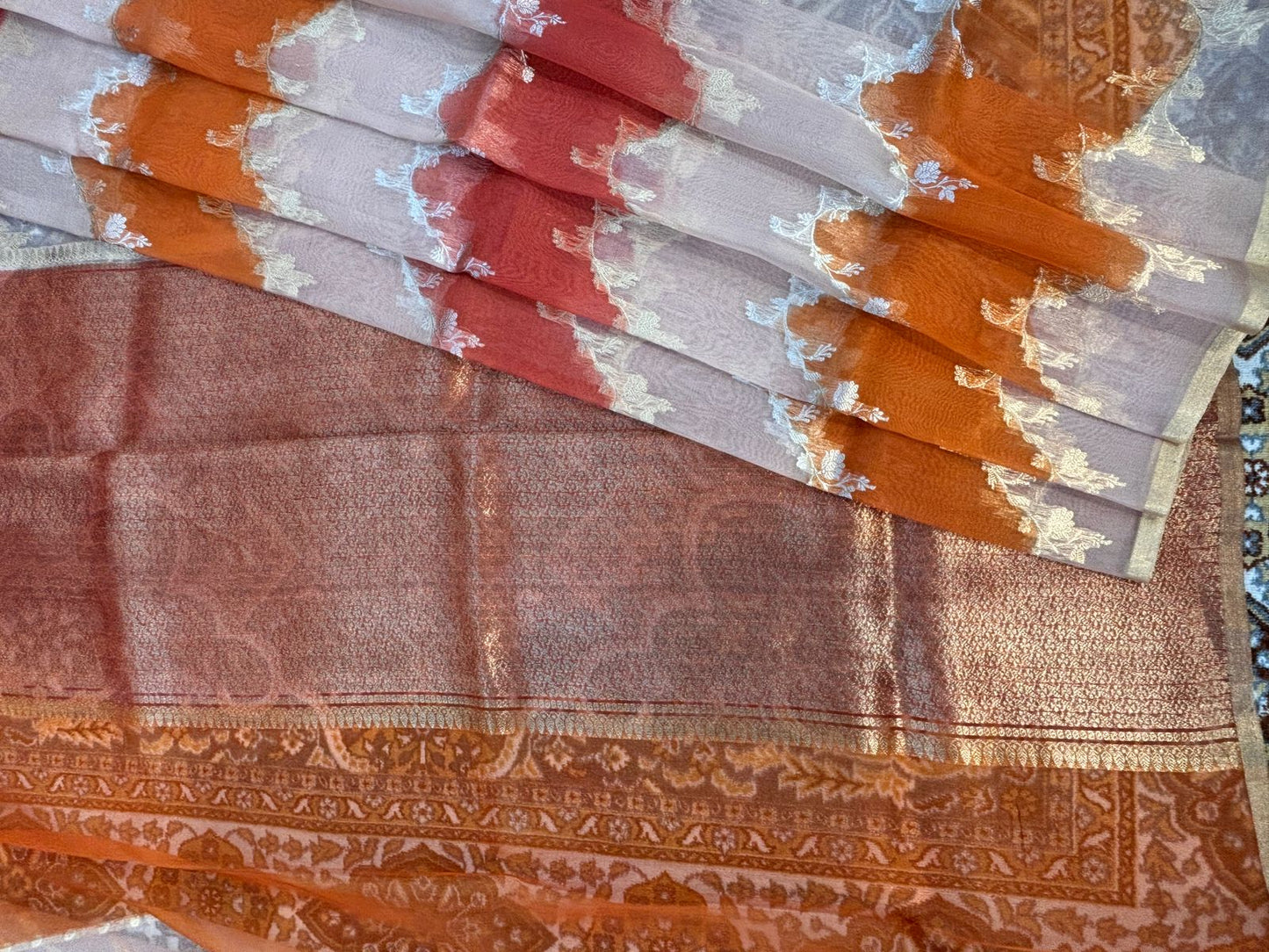 Peach Pure Kora Tissue Rungkaat Banarasi Handloom Saree