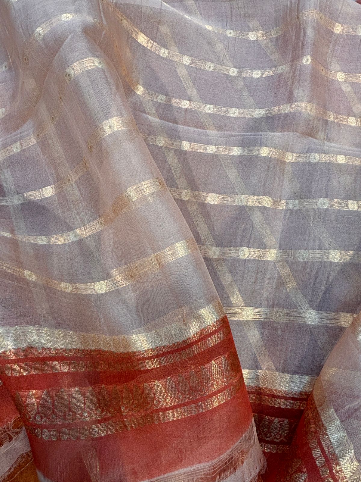 Peach Pure Kora Tissue Rungkaat Banarasi Handloom Saree