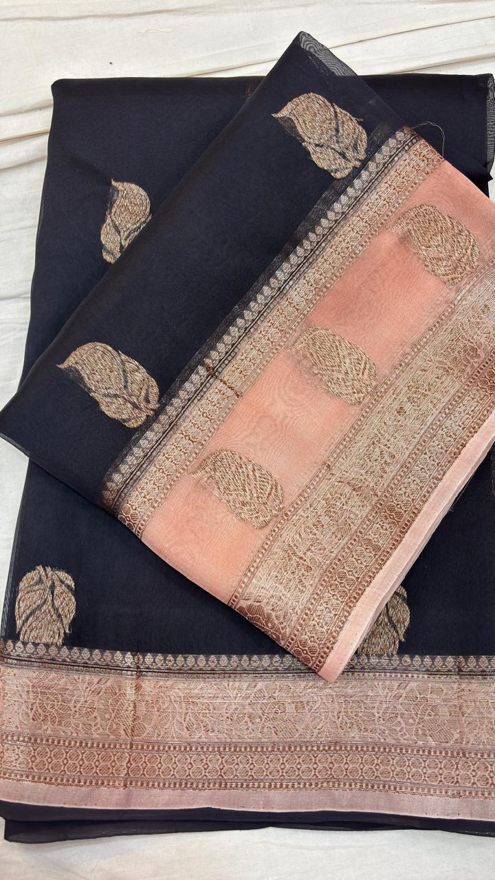 Banarasi handloom saree in dark navy with gold motifs and peach zari border
