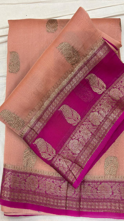 Banarasi handloom saree with peach body and magenta gold zari border