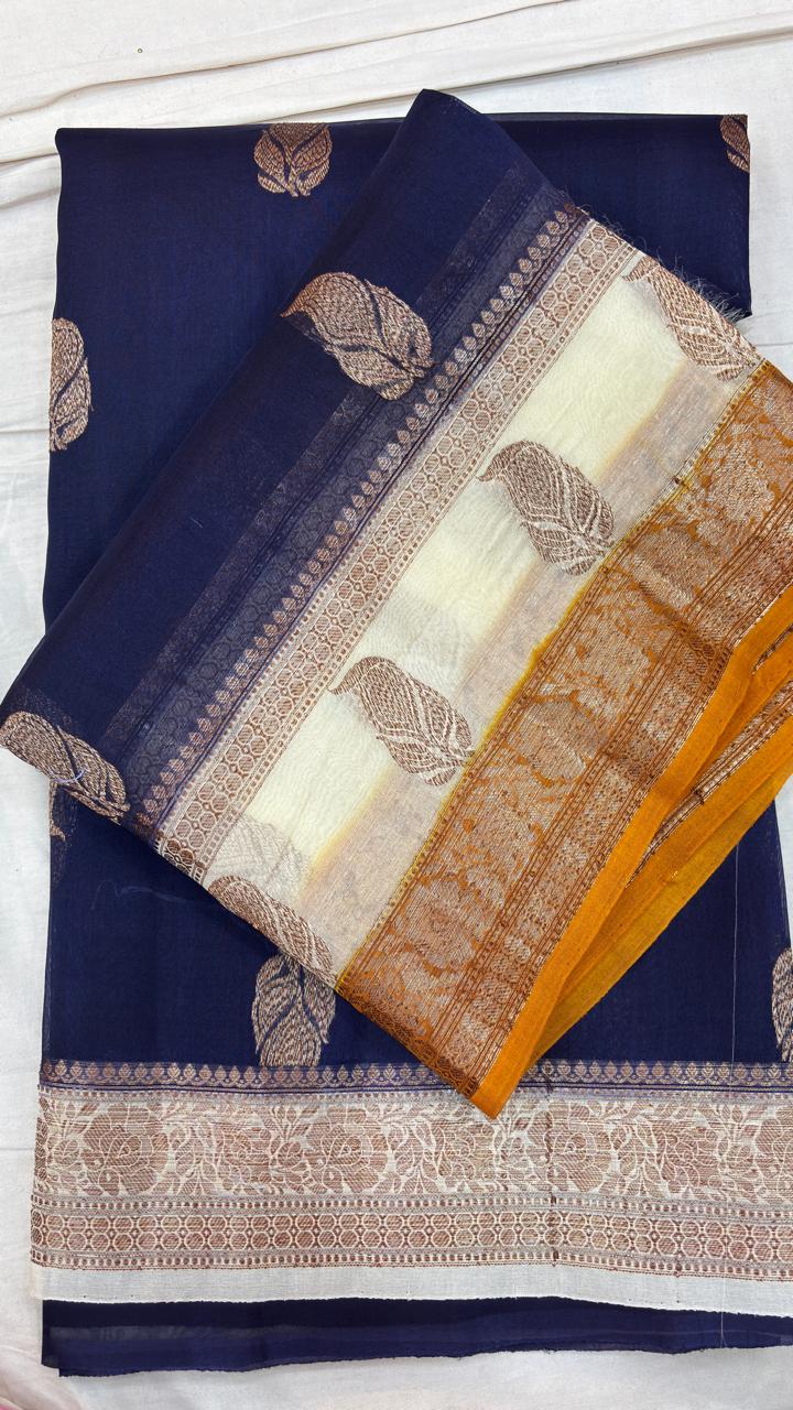 Banarasi handloom saree in dark navy with gold motifs and orange-cream border