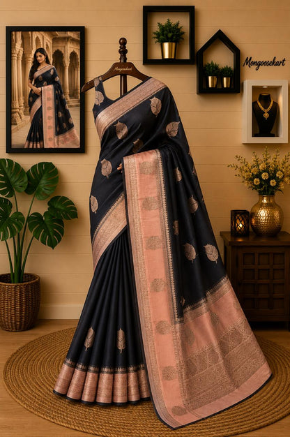 Banarasi handloom saree in black with gold motifs and peach zari border