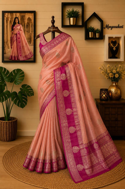 Banarasi handloom saree in rose pink with gold motifs and magenta zari border