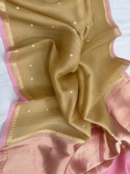 Beige Pink Pure kora Silk Kadhuwa Banarasi Handloom Saree 