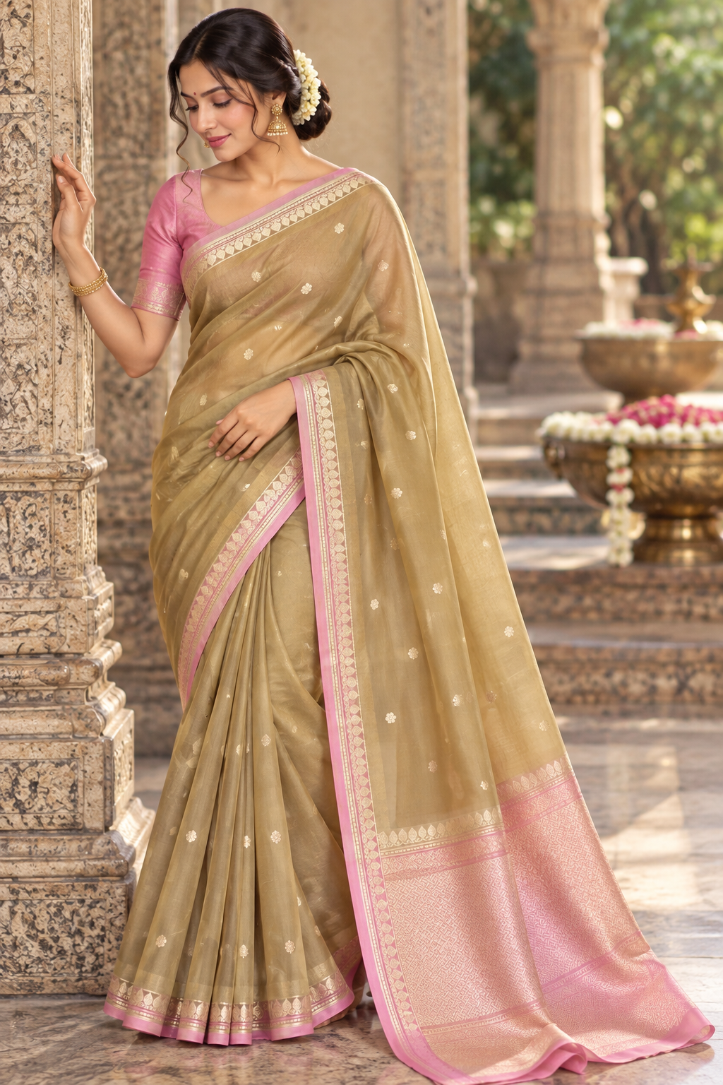 Beige Pink Pure kora Silk Kadhuwa Banarasi Handloom Saree 