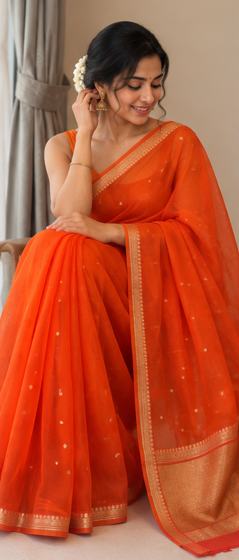 Orange silk saree with gold border and dotted motif pattern, model holding pallu