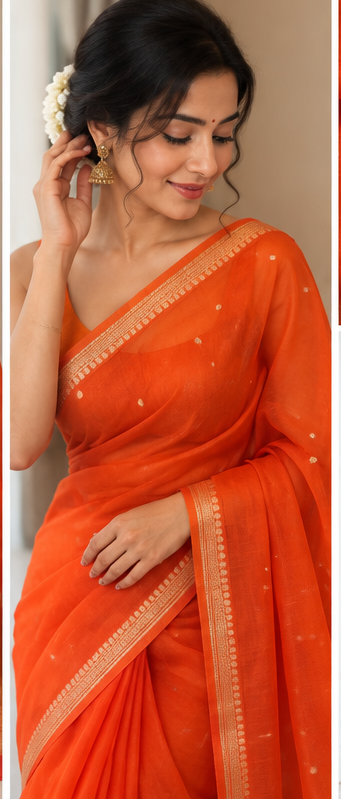Orange silk saree with gold zari border and scattered tiny motifs, draped on model