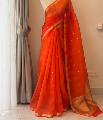Orange sheer saree with gold border, pleated drape and pallu across side