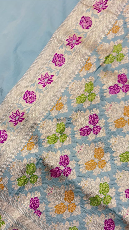 Powder Blue Pure Katan Jangla Banarasi Handloom Saree
