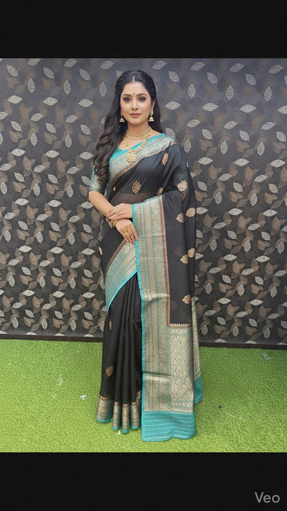 Black-Firosi Pure Kora Antique Zari Banaras Handloom Saree