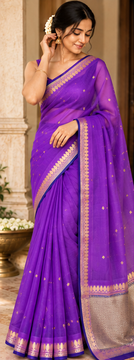 Purple silk saree with gold motifs and zari border, worn with pallu and blouse